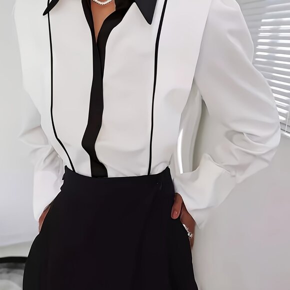 🟡 Elegant Black and White Long Sleeve Blouse with Contrast Trim Button Front - Picture 3 of 5